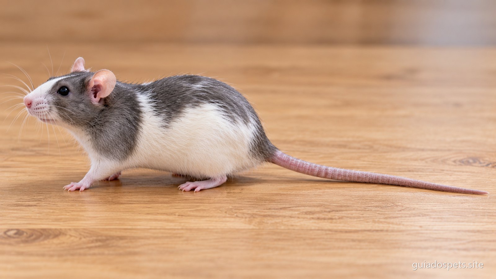 Rato de estimacao visto de lado sobre chao de madeira, de corpo inteiro e com a cauda esticada e visivel em todo o comprimento