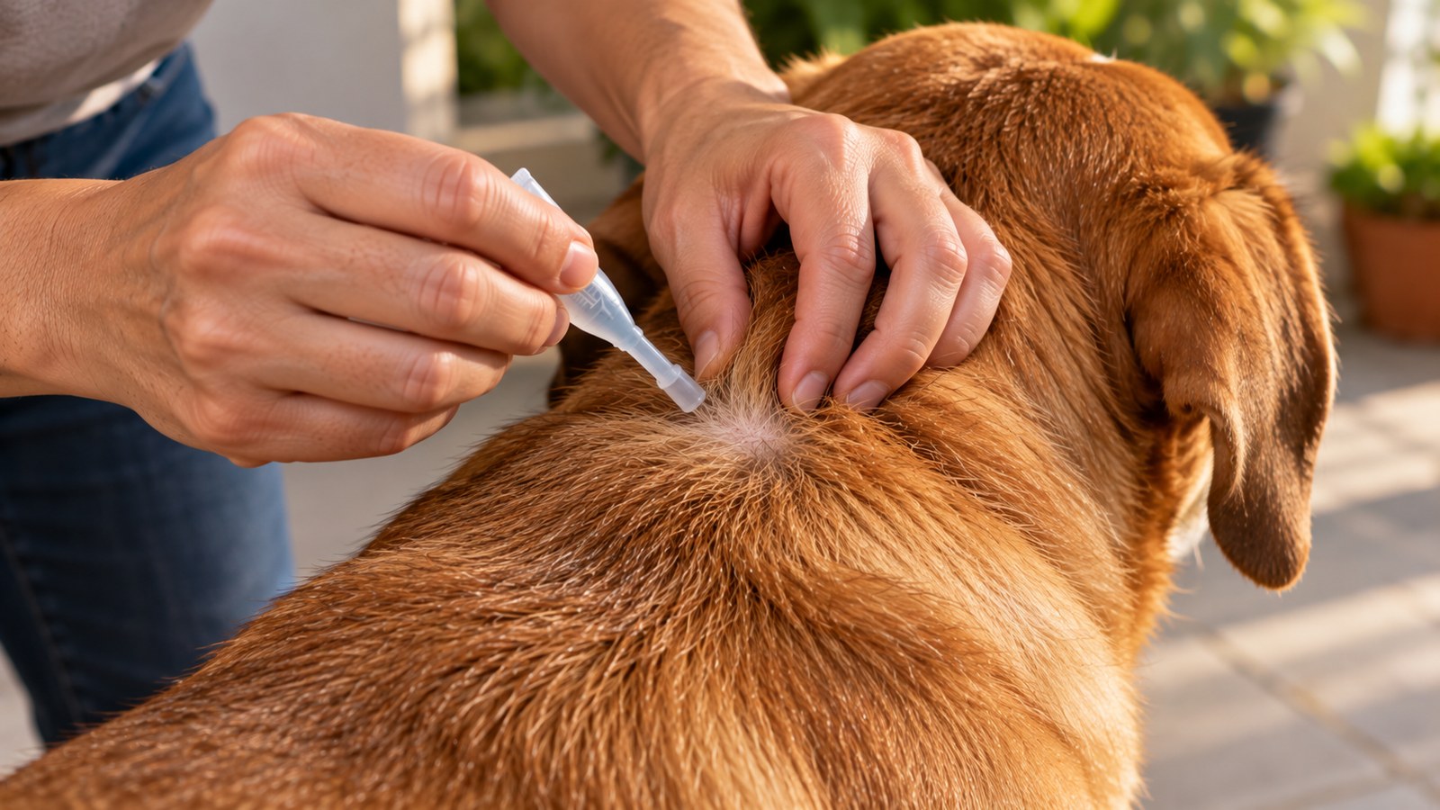 Mãos afastando o pelo da nuca de um cachorro para aplicar o conteúdo de uma pipeta antipulgas na pele