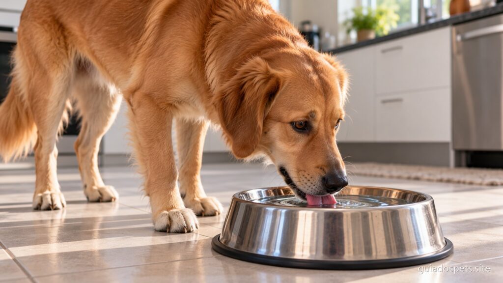 Cachorro de pelo caramelo a beber agua de uma tigela larga no chao da cozinha