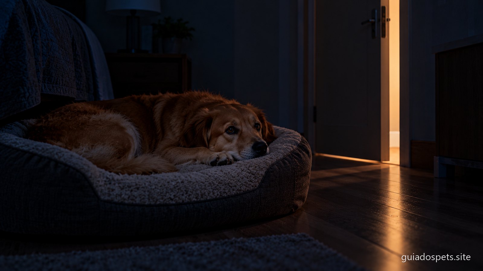 Cachorro deitado na sua caminha, de olhos abertos e acordado, num quarto escuro de madrugada