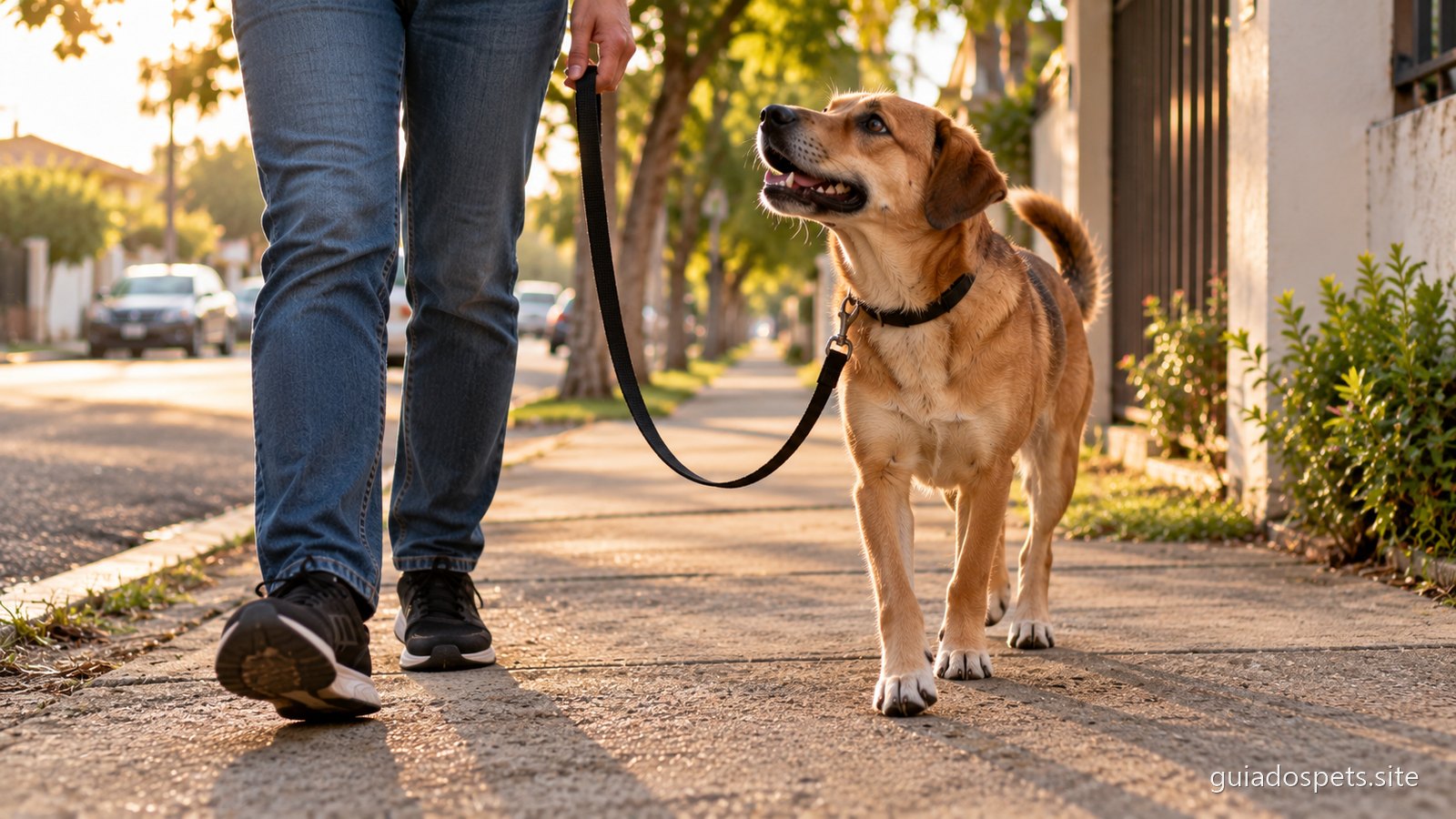 Cachorro adulto caminhando ao lado de uma pessoa numa calçada, com a guia visivelmente frouxa em curva