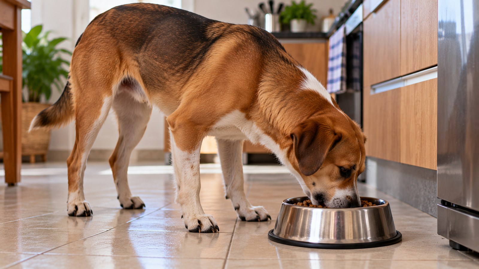 Cachorro adulto comendo ração de um pote de inox no chão da cozinha, visto de lado