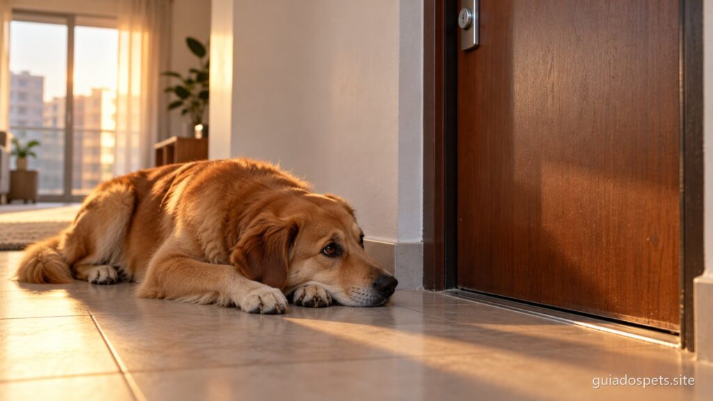 Cachorro de pelo caramelo deitado no chao junto a porta de entrada de um apartamento, com a cabeca apoiada nas patas, olhando para a porta fechada
