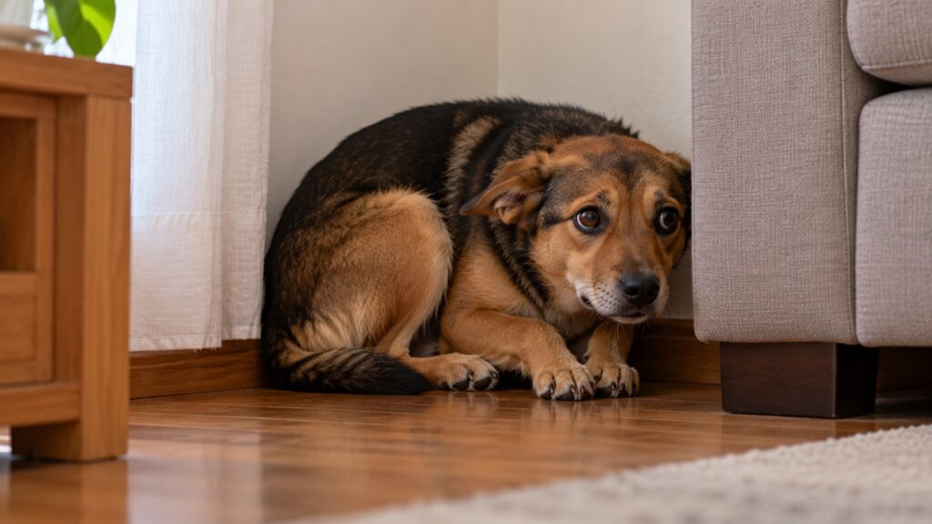 Cachorro encolhido e tremendo num canto da sala, entre a parede e o sofá, com o corpo baixo e as orelhas para trás