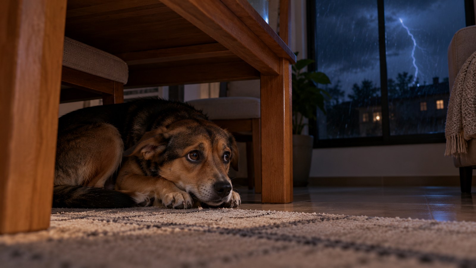 Cachorro deitado e escondido debaixo de uma mesa de madeira durante uma tempestade, com relâmpago visível pela janela