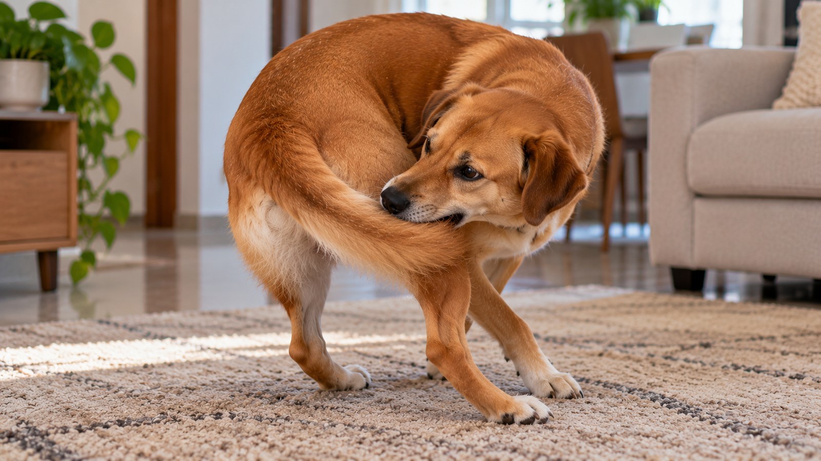 Cachorro adulto caramelo curvado em círculo no tapete da sala, girando atrás do próprio rabo e mordendo a cauda