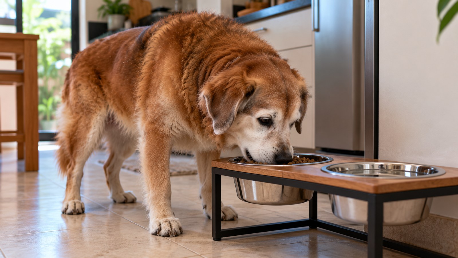 Cachorro idoso comendo ração de um pote de inox num suporte elevado, no chão da cozinha