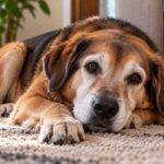 Cachorro idoso de focinho embranquecido deitado num tapete da sala, olhando para a câmera com calma