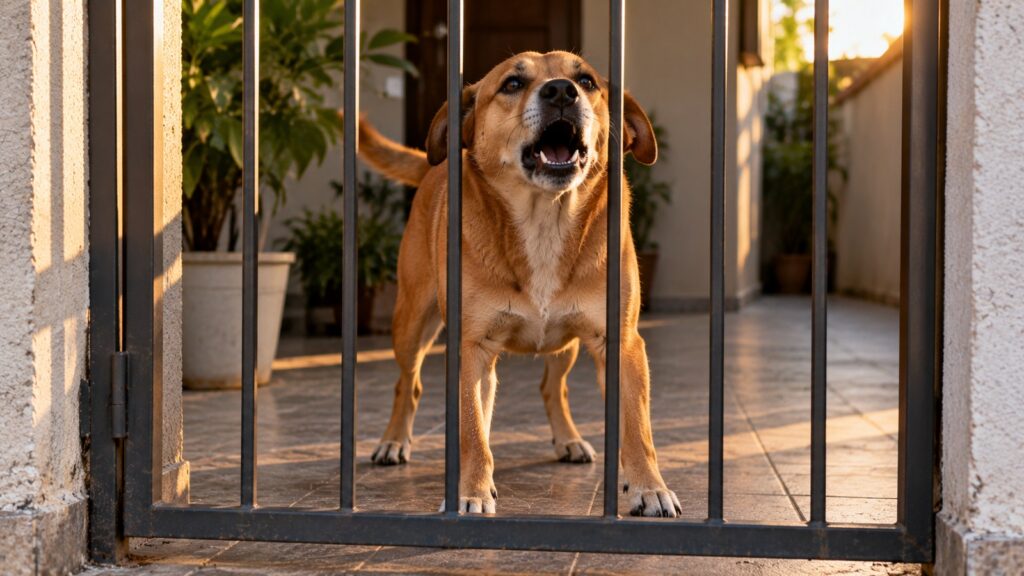 Cachorro caramelo de porte médio latindo com a boca aberta atrás do portão de grade de uma casa, em luz de fim de tarde