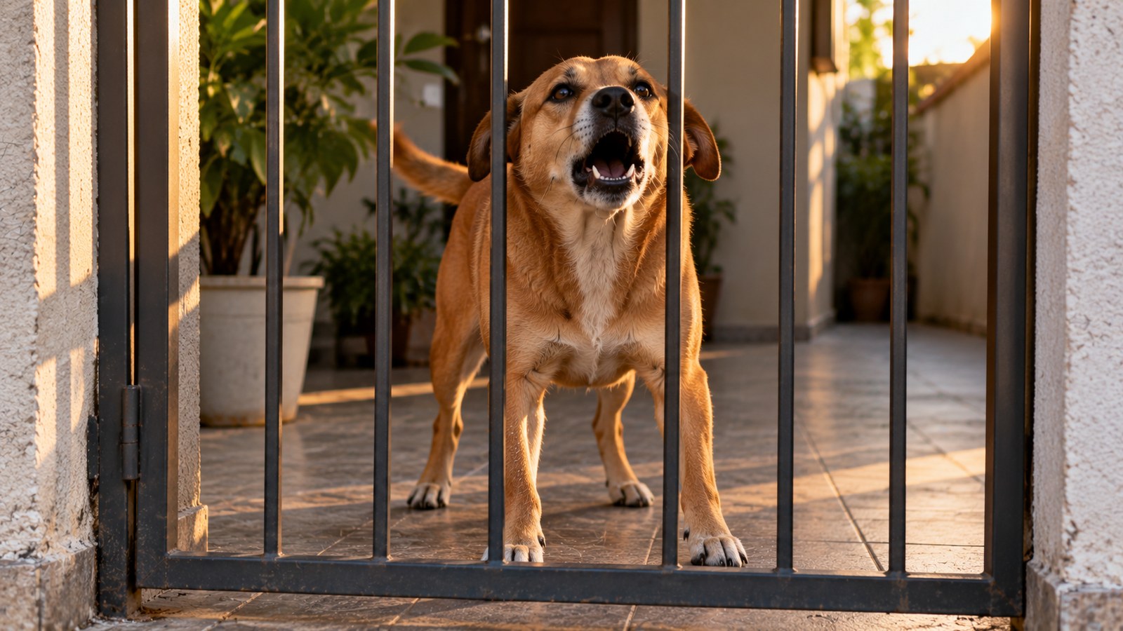 Cachorro caramelo de porte médio latindo com a boca aberta atrás do portão de grade de uma casa, em luz de fim de tarde