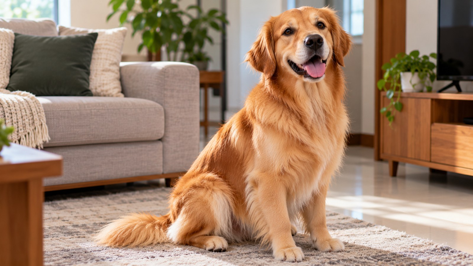 Cachorro dourado de pelo limpo e brilhante sentado no tapete da sala depois do banho