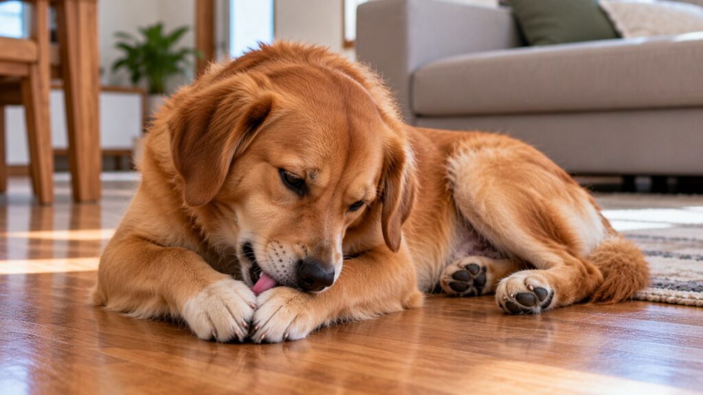 Cachorro adulto caramelo deitado no chão de madeira de uma sala mordendo e lambendo a própria pata dianteira