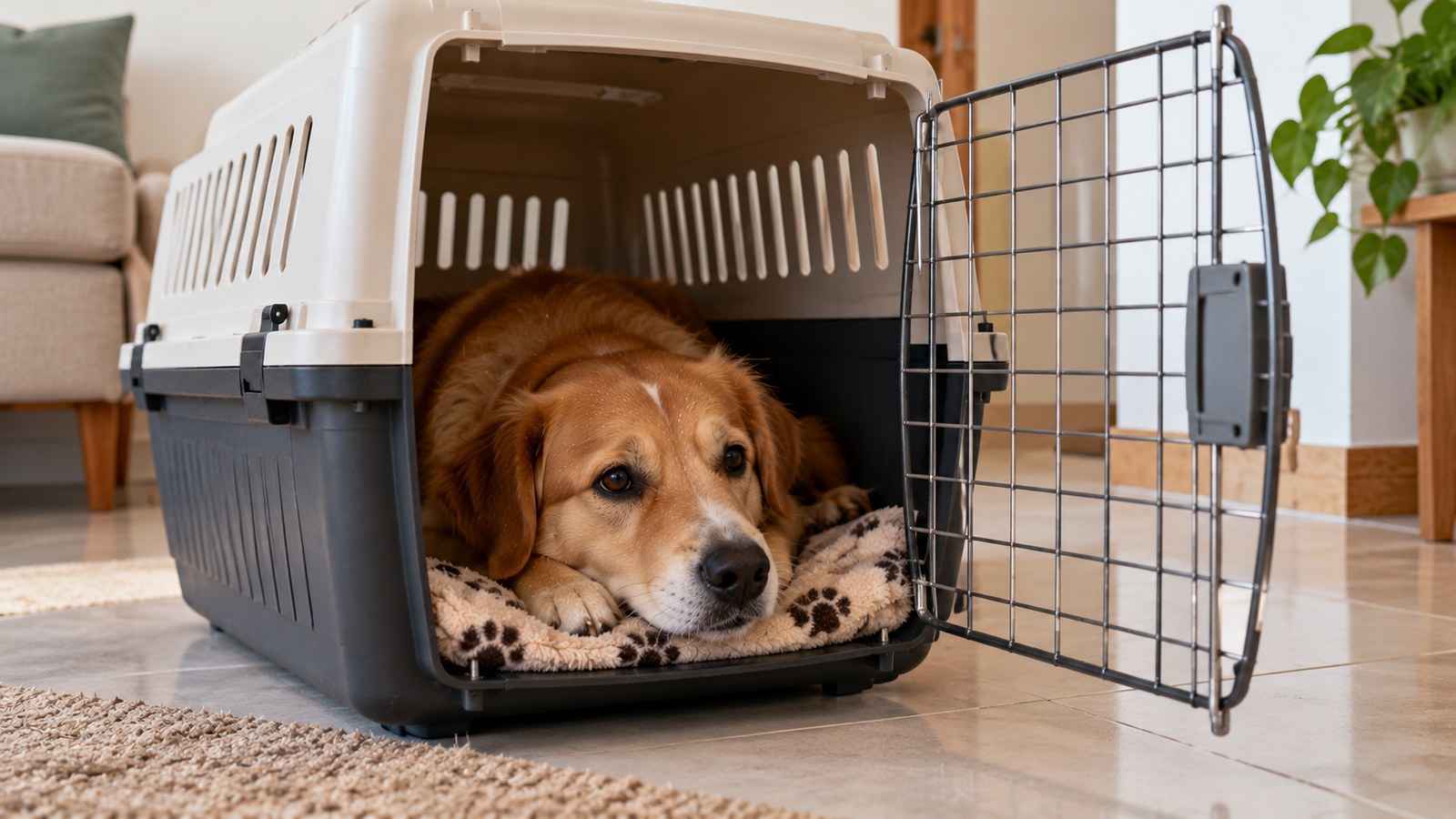 Cachorro deitado dentro de uma caixa de transporte com a porta aberta, no chão da sala de casa