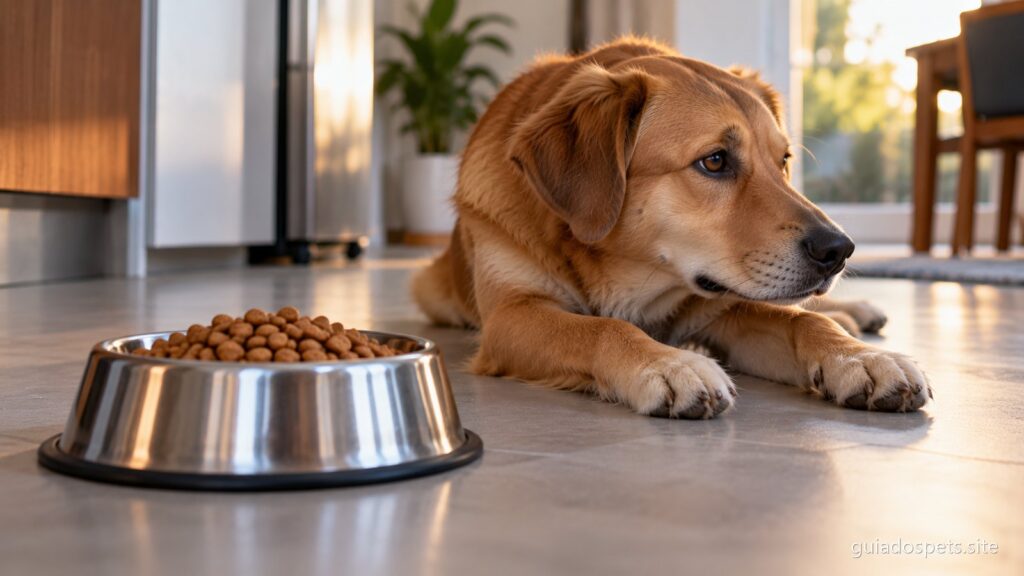 Cachorro de pelo caramelo deitado no chao da cozinha, de cabeca virada para o lado, ao lado de uma tigela de racao cheia e intacta