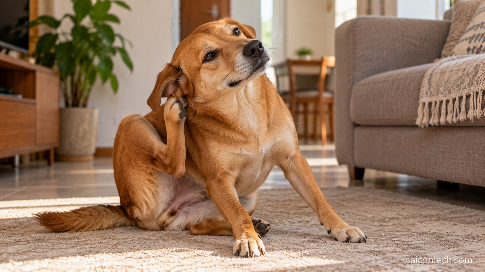 Cachorro caramelo sentado no tapete da sala se coçando com a pata traseira atrás da orelha