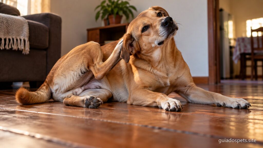 Cachorro vira-lata caramelo deitado num piso de tabuas de madeira, se cocando com a pata traseira atras da orelha, numa sala de casa simples