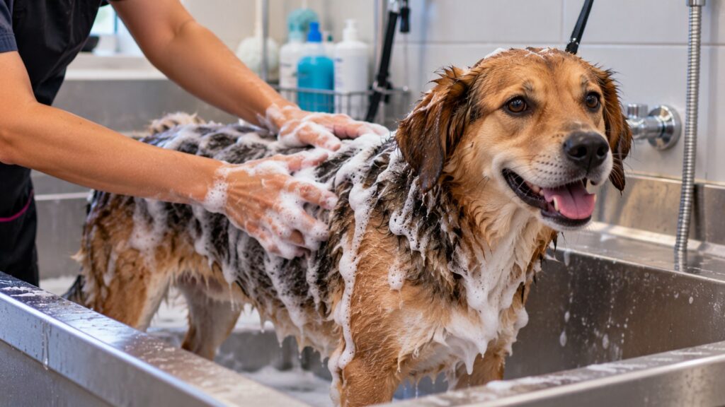 Cachorro de porte médio dentro da banheira de inox de um pet shop, coberto de espuma, com mãos ensaboando as costas dele