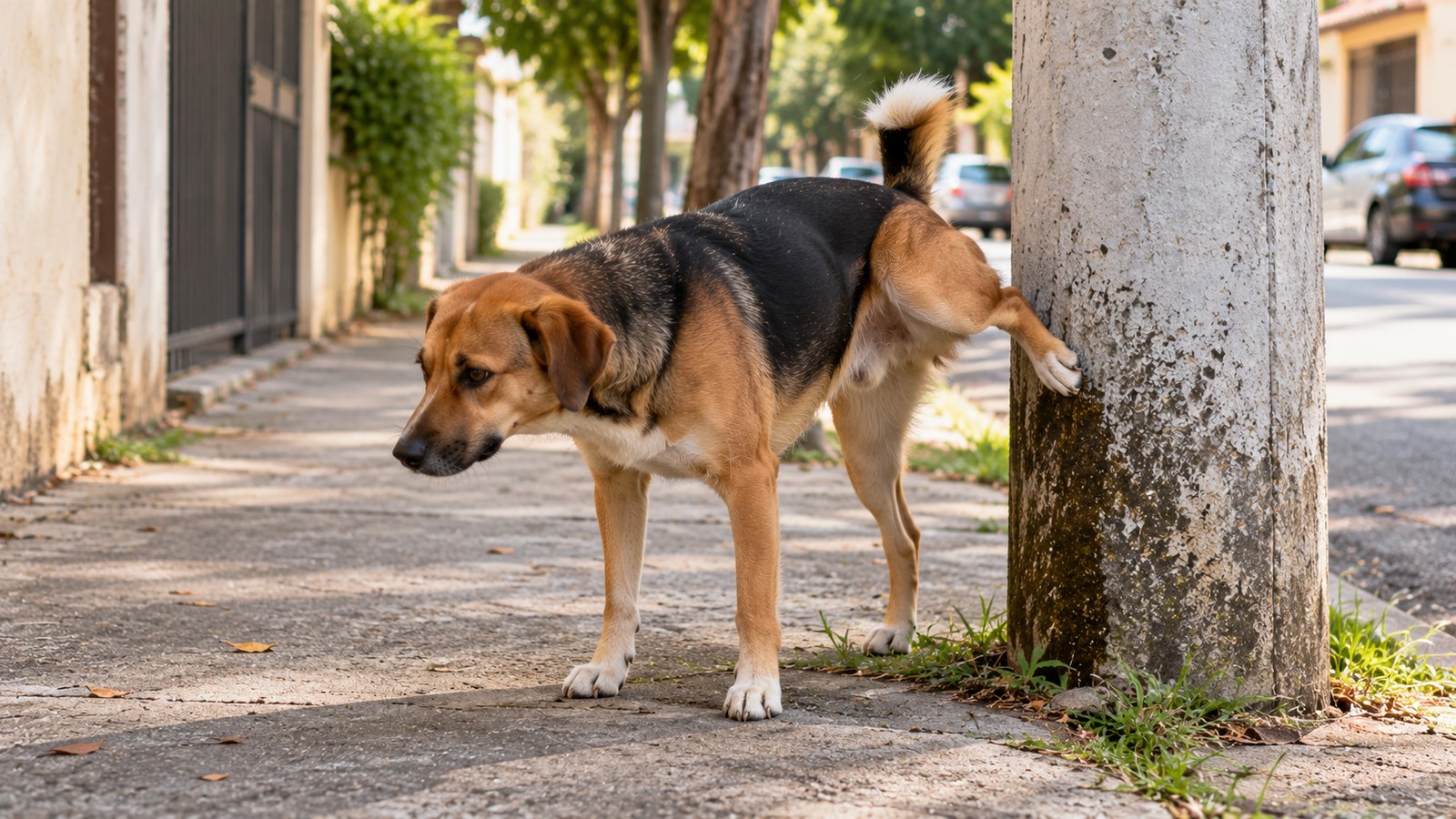 Cachorro de porte médio levantando a perna para urinar num poste de concreto, na calçada de uma rua