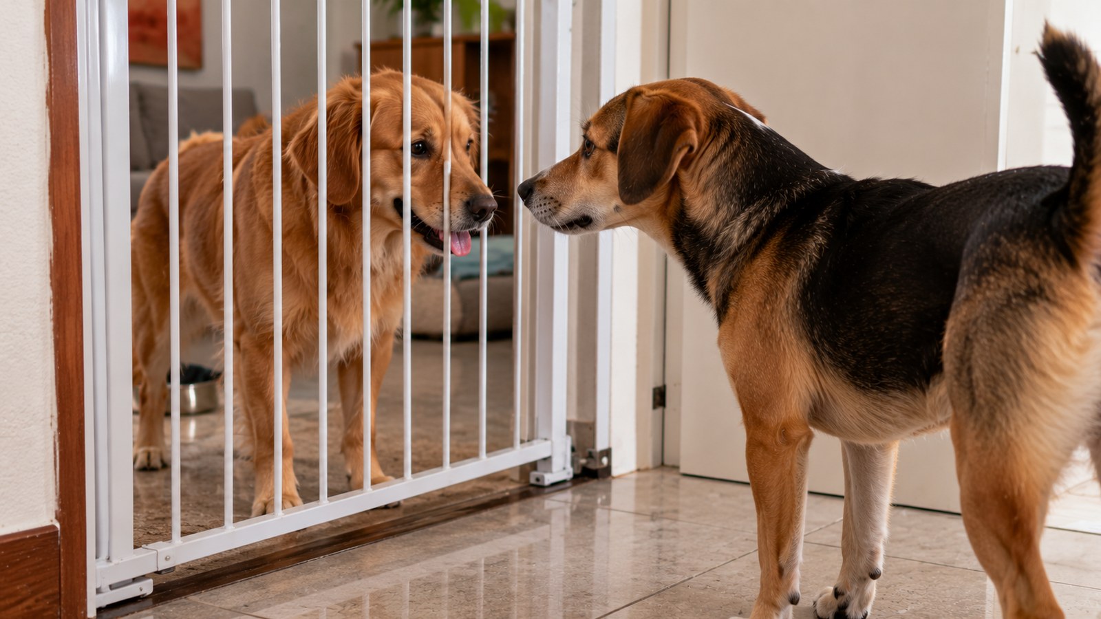 Cadela atrás de um portãozinho de grade dentro de casa, com um cachorro macho do outro lado olhando para ela