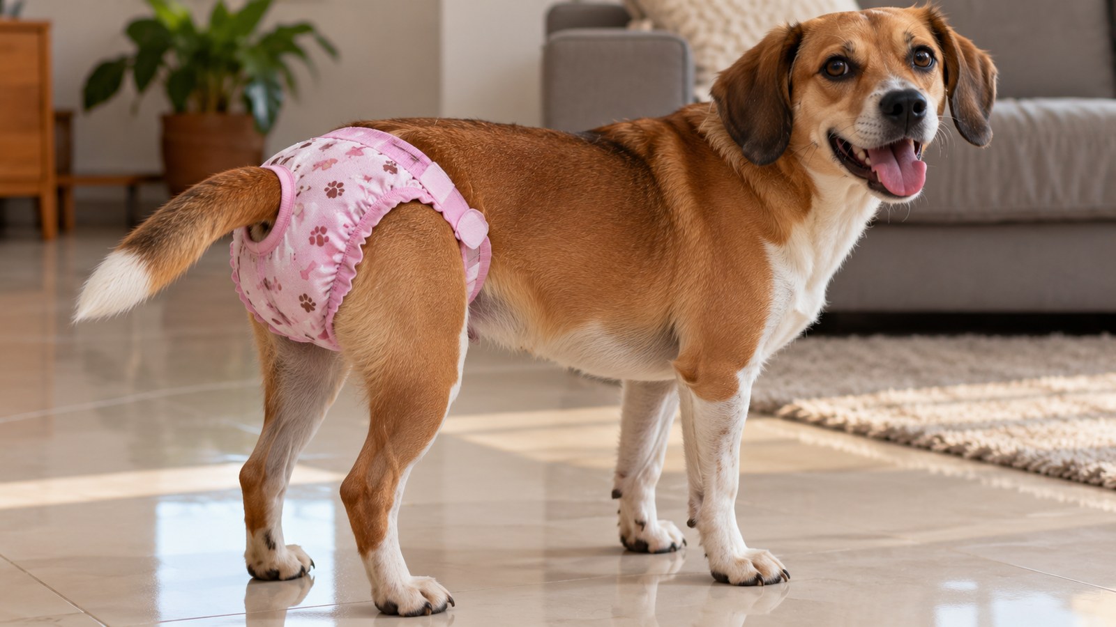 Cadela em pé dentro de casa usando uma calcinha higiênica de pano rosa