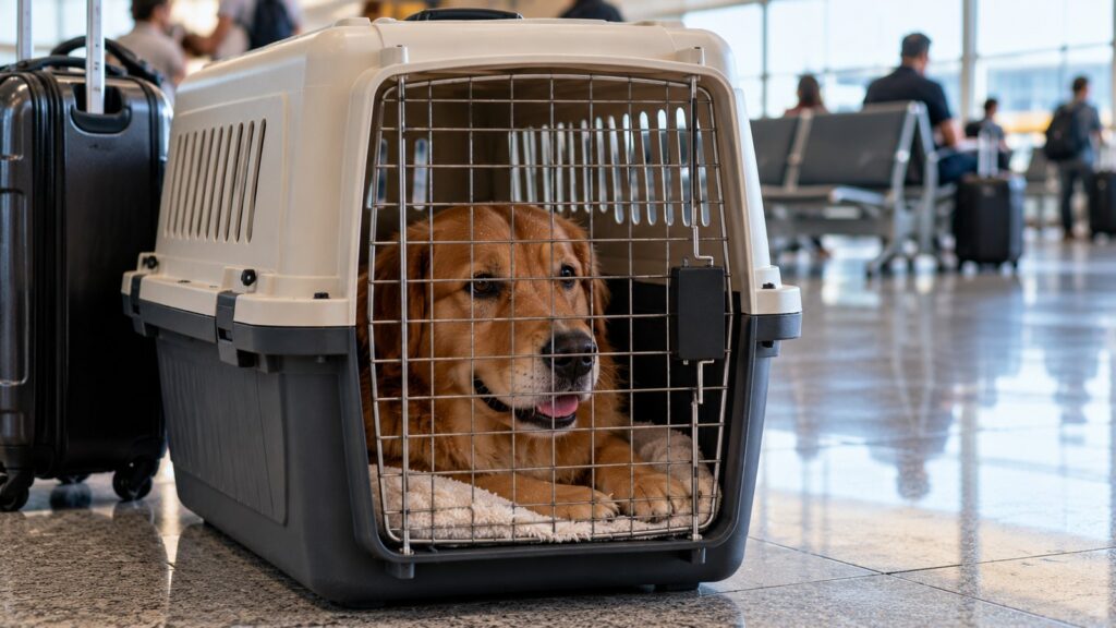 Cachorro dourado deitado dentro de uma caixa de transporte rígida no saguão de um aeroporto, ao lado de uma mala
