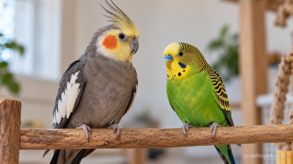 Calopsita cinzenta de bochechas laranja e periquito australiano verde e amarelo pousados lado a lado num poleiro de madeira