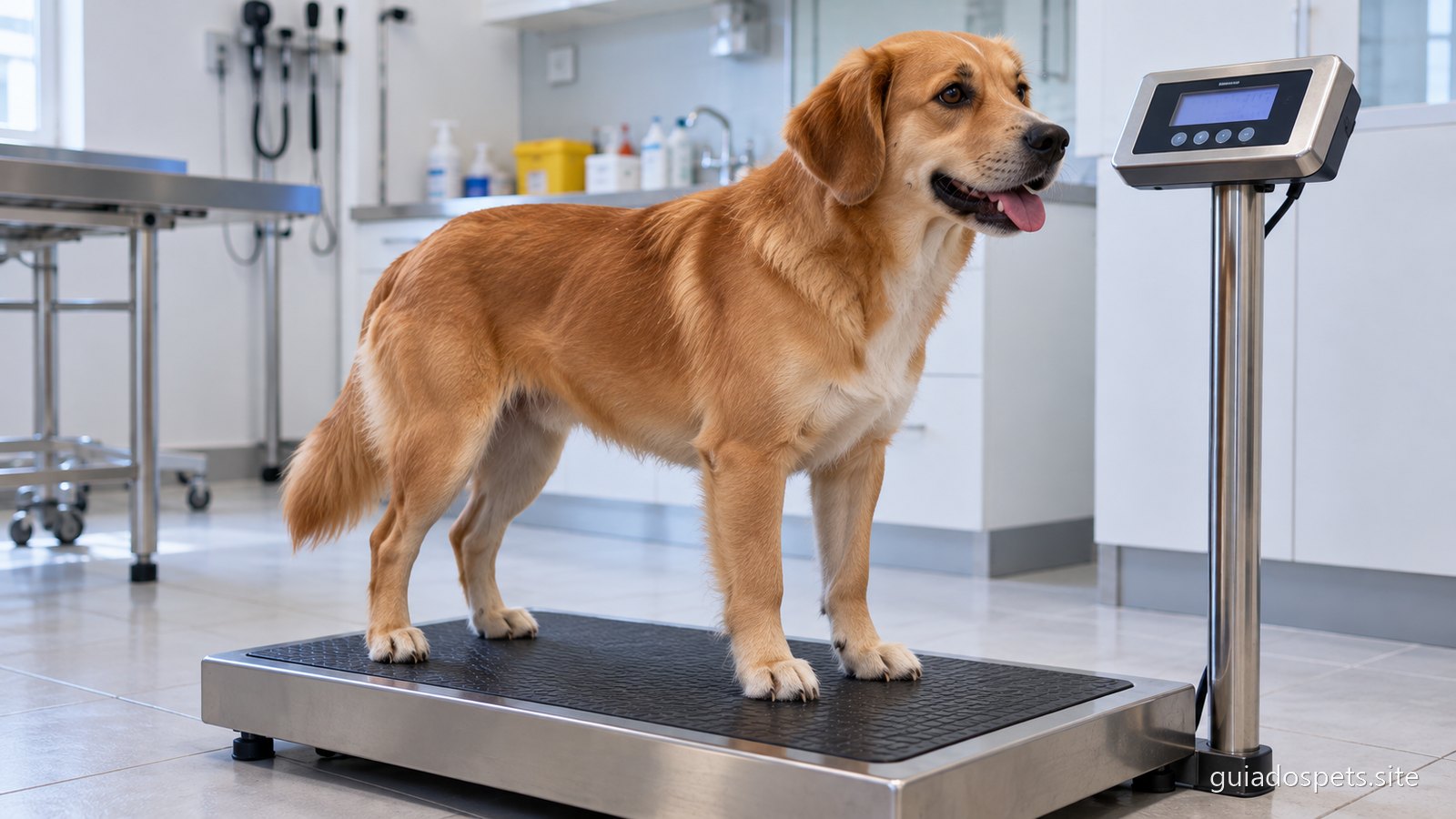 Cão adulto em pé sobre uma balança de clínica veterinária