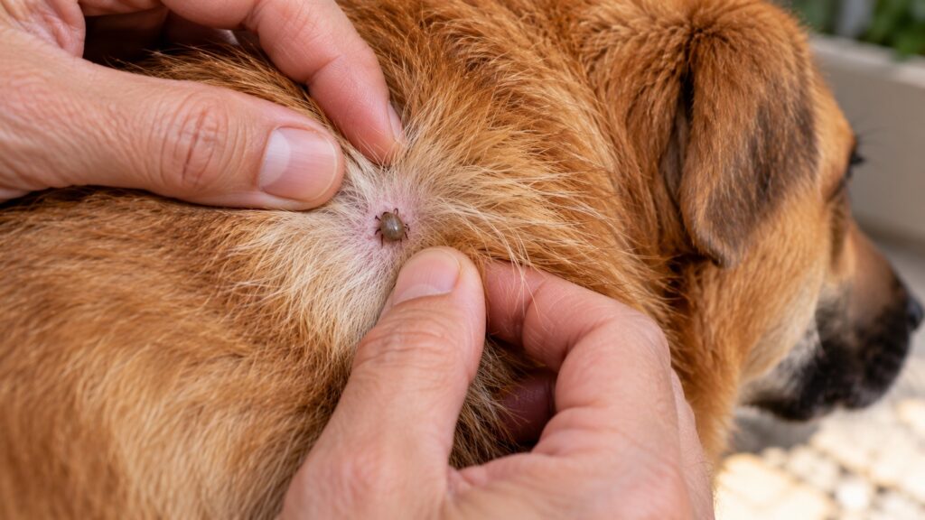 Mãos separando o pelo de um cachorro caramelo e encontrando um carrapato preso na pele