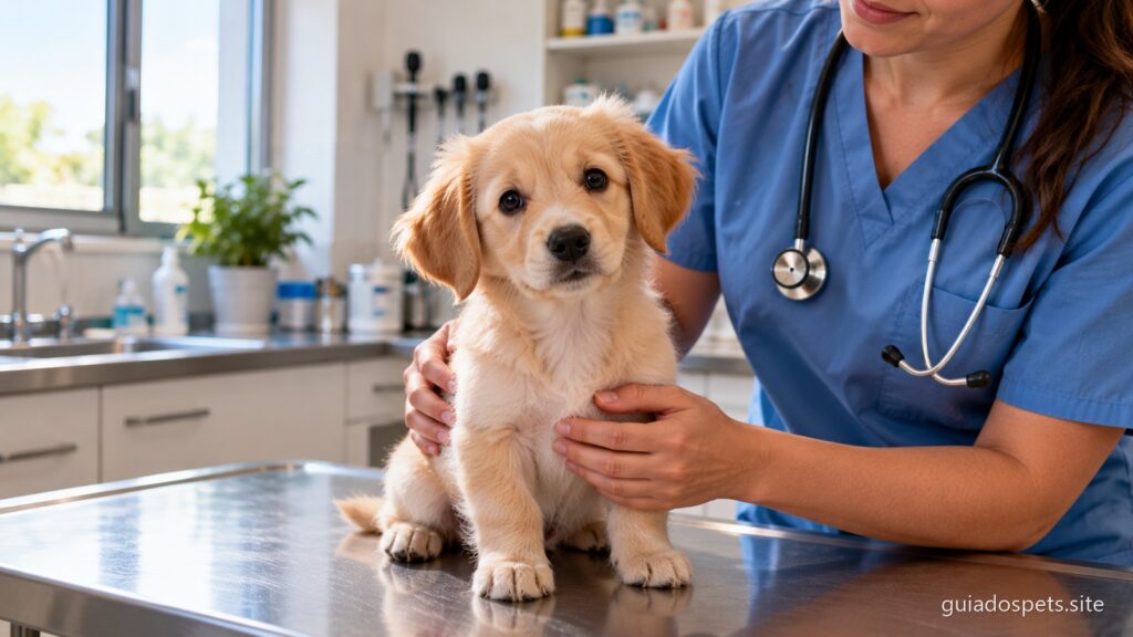 Cachorro filhote de pelo claro sentado na mesa de atendimento de uma clinica veterinaria, amparado pelas maos de uma veterinaria de bata azul