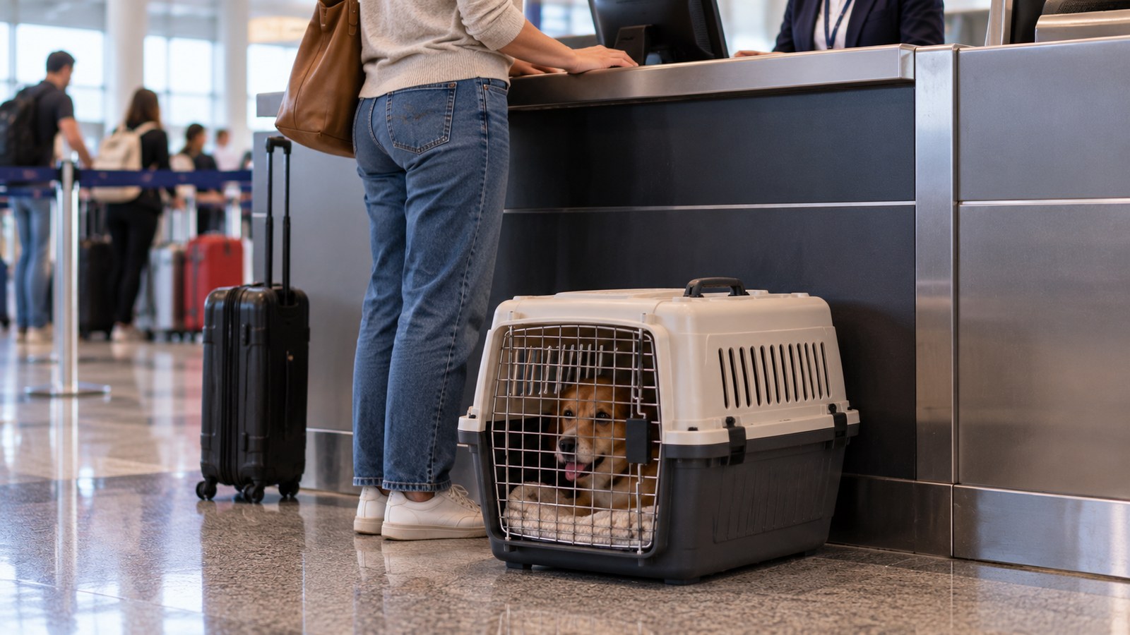 Pessoa de pé no balcão de atendimento de um aeroporto com a caixa de transporte do cachorro no chão ao lado dos pés