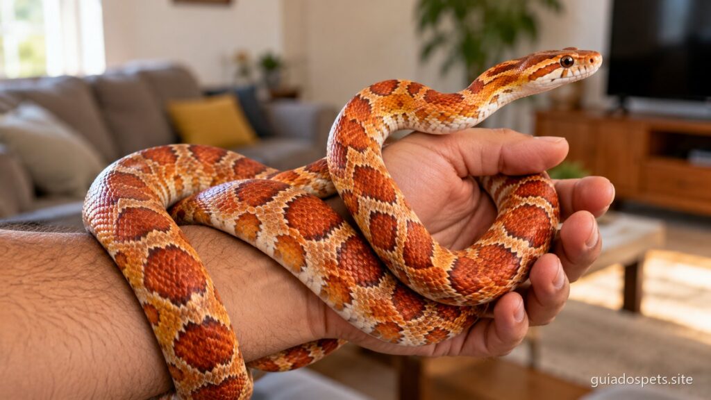 Cobra do milho de escamas laranja e vermelhas enrolada na mao e no antebraco de uma pessoa, numa sala de estar