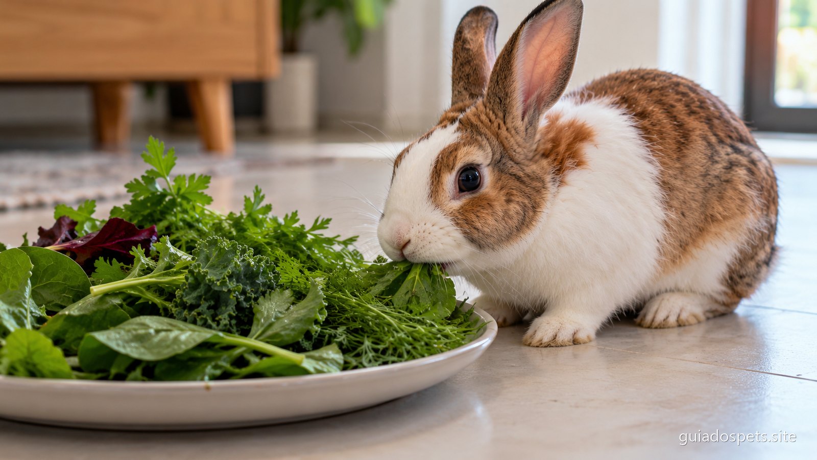 Prato raso no chao com folhas verdes escuras variadas e ervas frescas, com um coelho comecando a comer