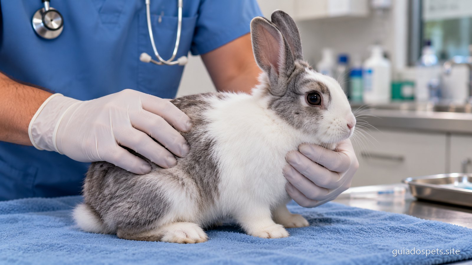 Coelho branco e cinzento a ser examinado pelas maos enluvadas de um veterinario, sobre uma toalha azul numa bancada de clinica