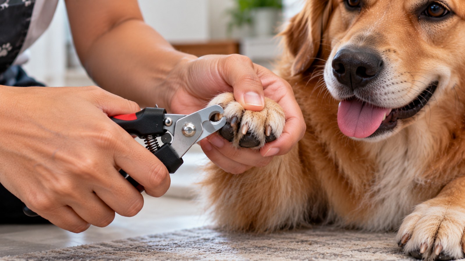 Mãos segurando a pata de um cachorro dourado e cortando a unha com um alicate próprio para pet, no chão de casa