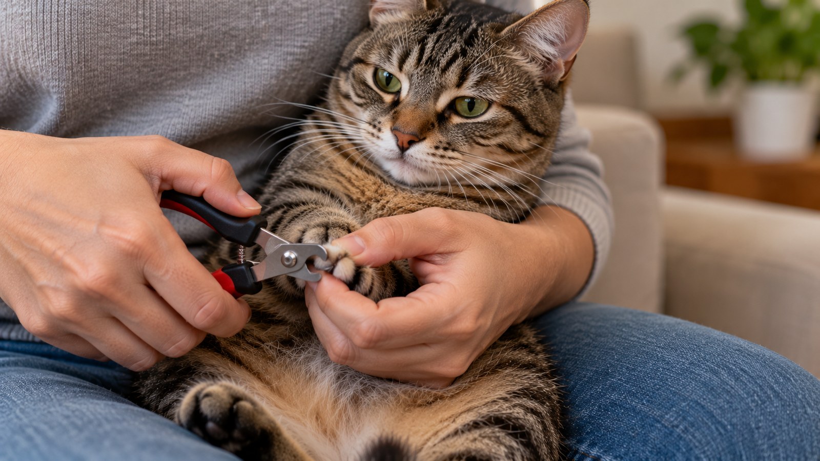 Mãos cortando a ponta da unha dianteira de um gato com um cortador próprio para pet, com o gato calmo