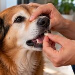 Mãos de uma pessoa segurando o focinho de um cachorro com cuidado para dar um comprimido