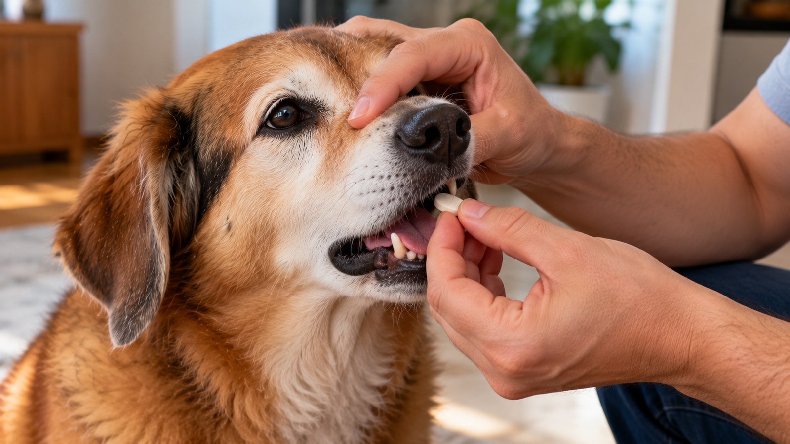 Mãos de uma pessoa segurando o focinho de um cachorro com cuidado para dar um comprimido