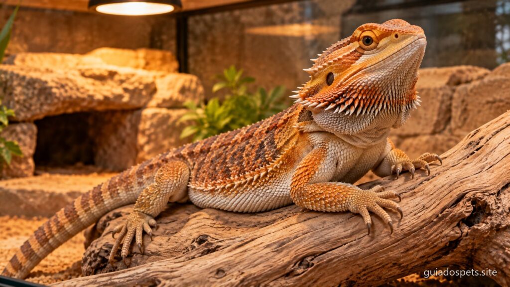 Dragao barbudo adulto de escamas alaranjadas pousado num tronco dentro de um terrario, com a papada espinhosa bem visivel debaixo do queixo