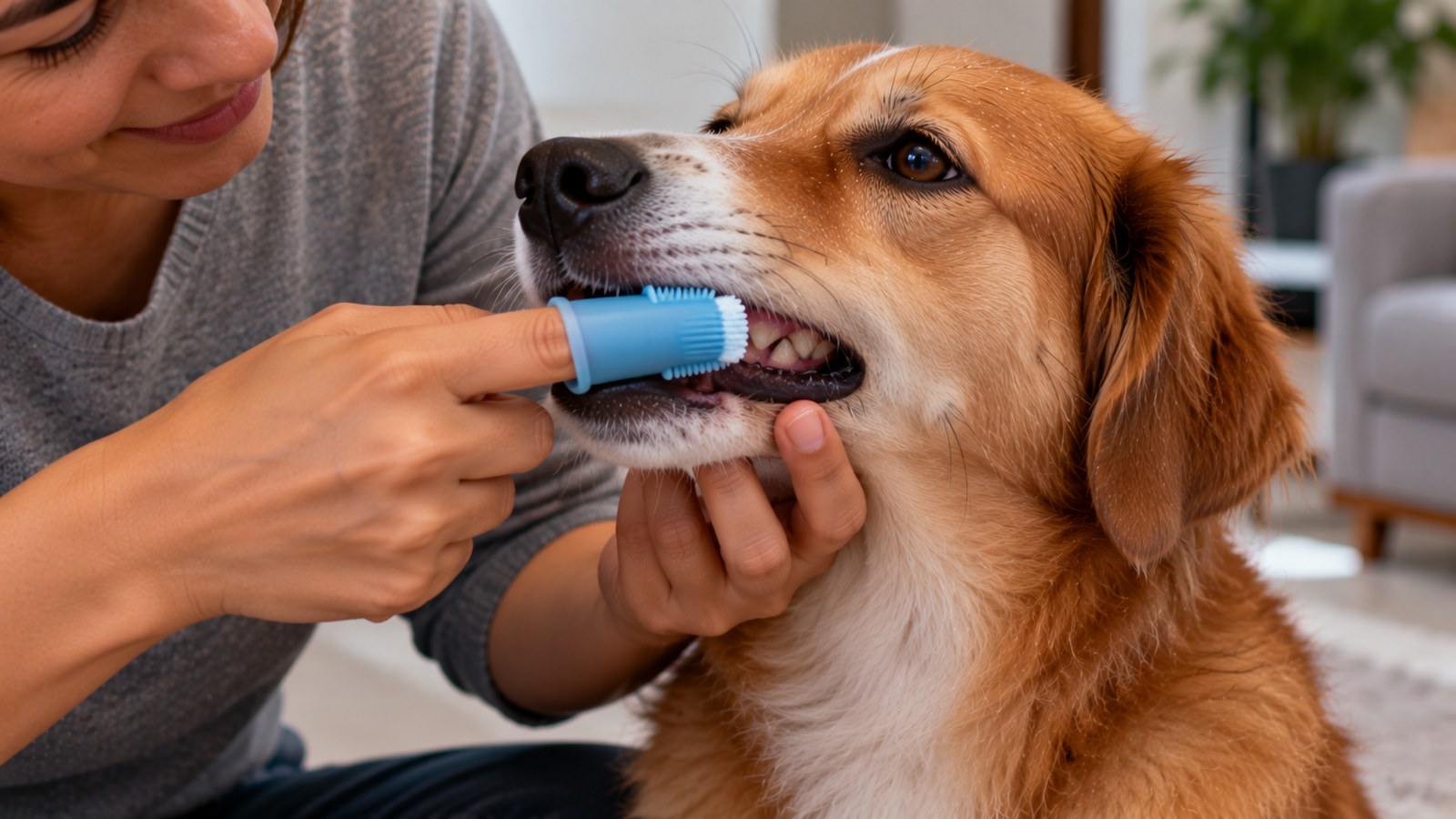 Pessoa escovando os dentes de um cachorro com uma escova de dedo de silicone, com o cão sentado e calmo