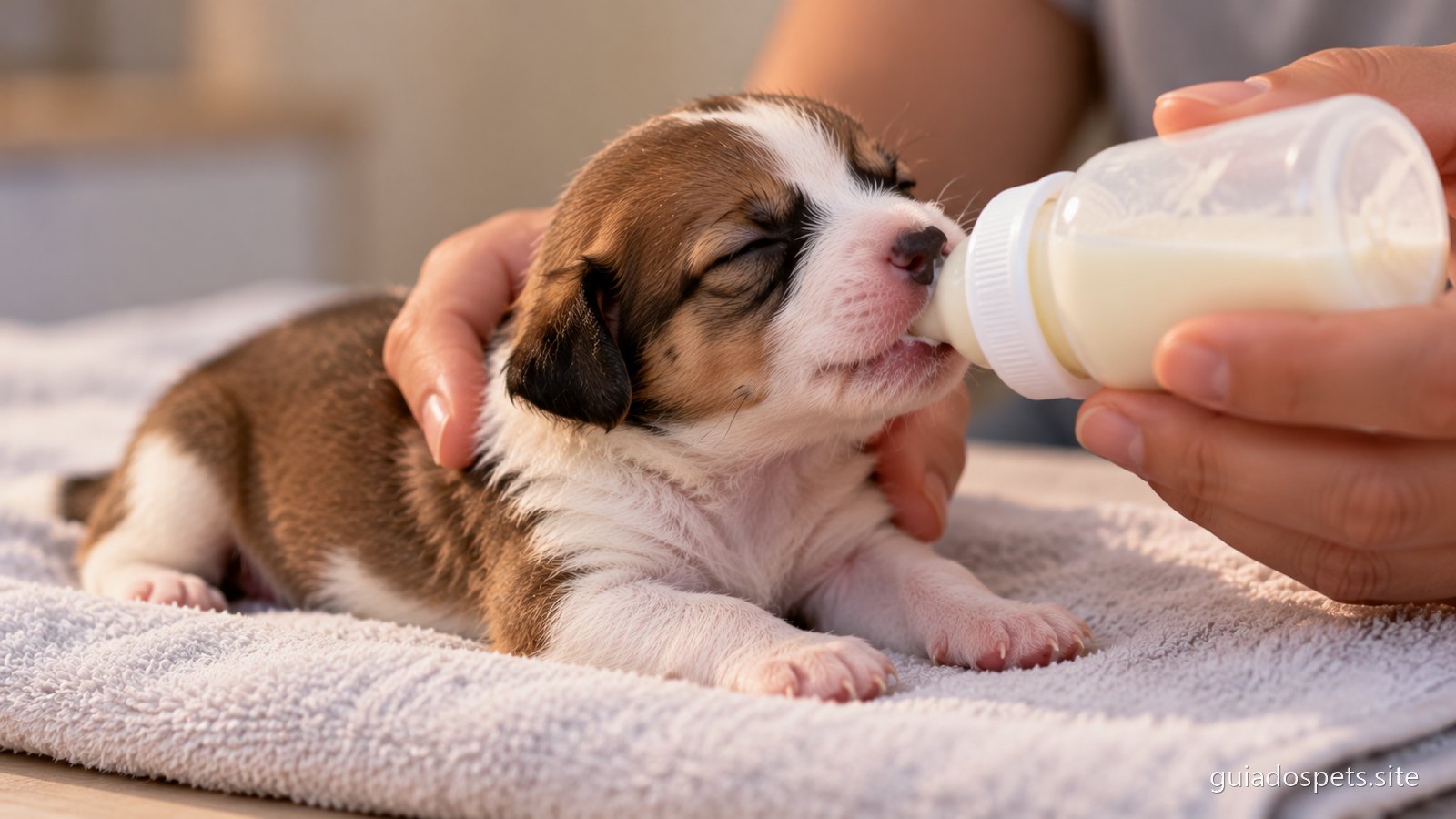 Cachorro recem-nascido deitado de barriga para baixo sobre uma toalha, a ser alimentado com mamadeira pequena