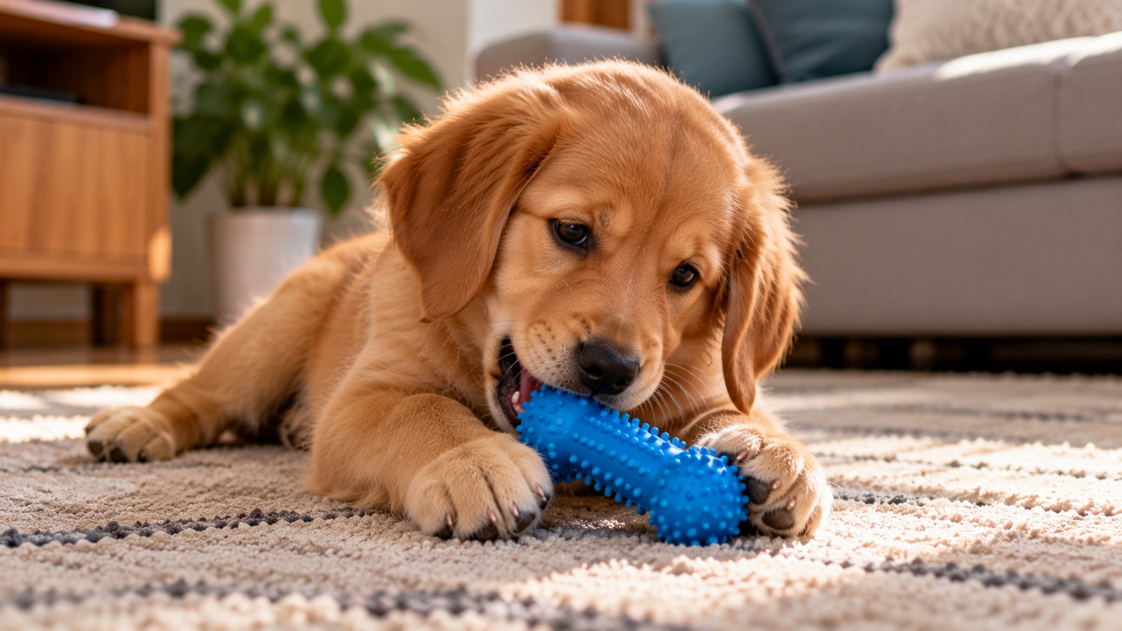 Filhote de cachorro dourado deitado no tapete da sala mordendo um brinquedo de borracha azul entre as patas