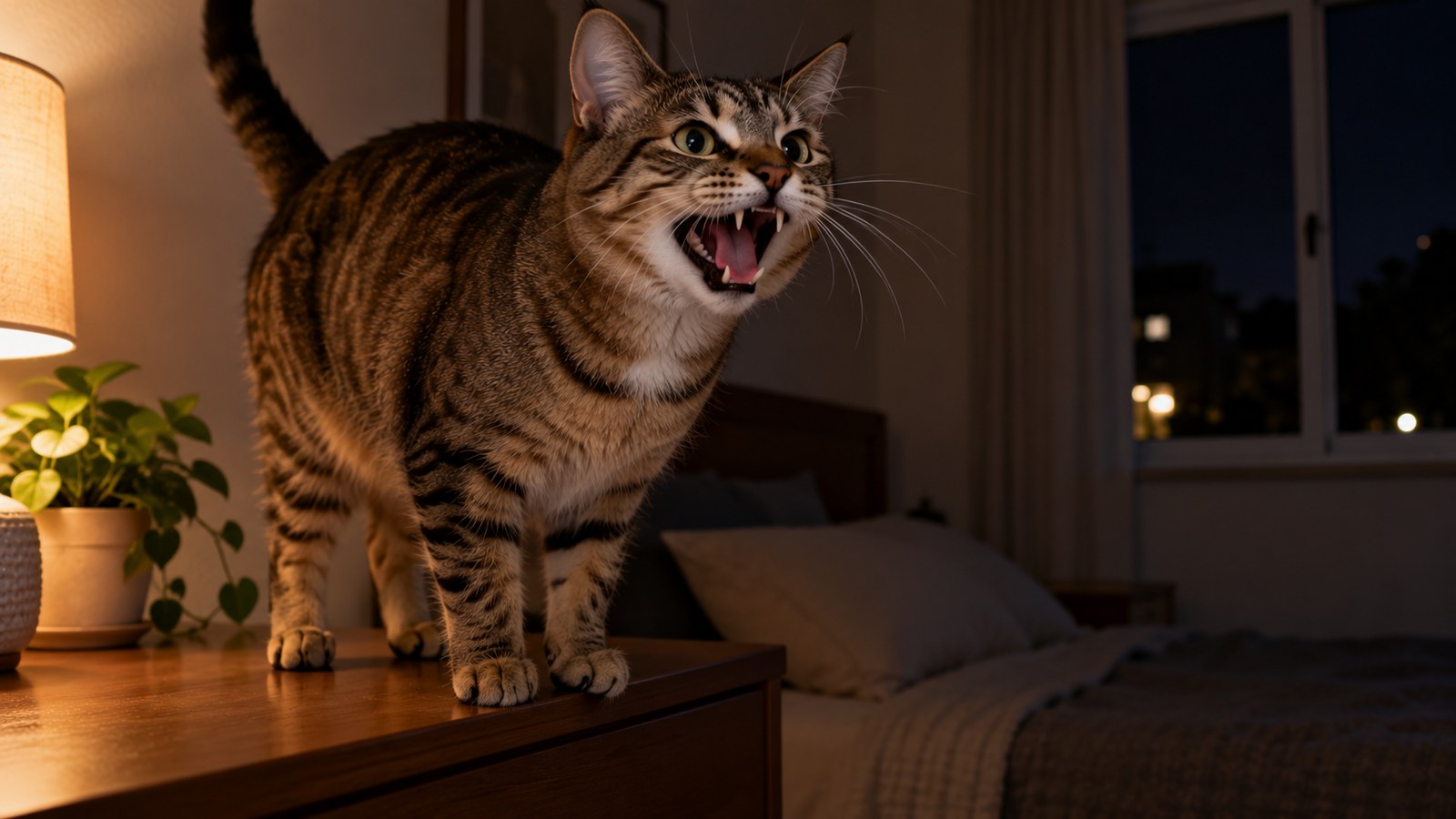 Gata malhada em cima de um criado-mudo miando com a boca bem aberta, num quarto à noite com a luz do abajur acesa