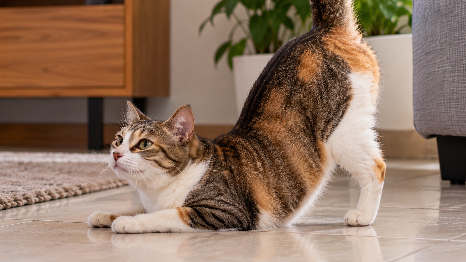 Gata malhada agachada no chão com a frente baixa e o traseiro levantado, na posição típica do cio