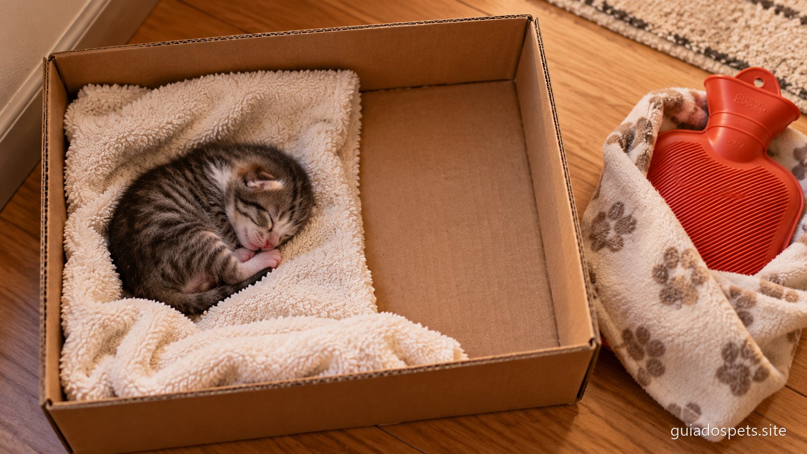 Gatinho recem-nascido a dormir enrolado numa toalha creme dentro de uma caixa de cartao, com a toalha a cobrir so metade do fundo e uma bolsa de agua quente vermelha envolvida num pano ao lado da caixa