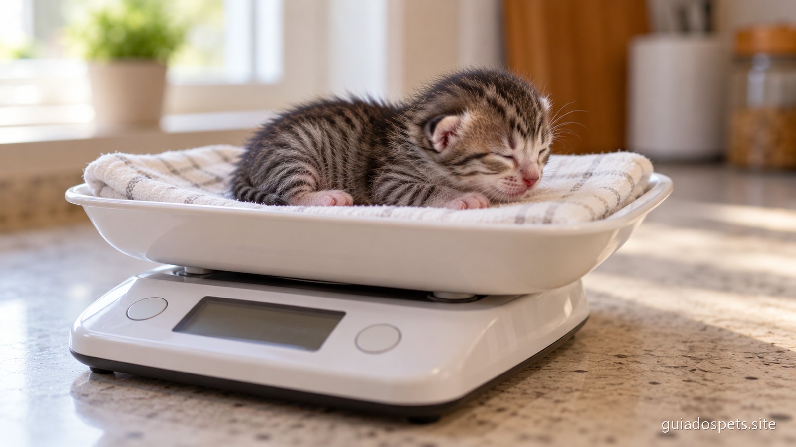 Gatinho recem-nascido deitado sobre um pano no prato de uma balanca de cozinha digital branca, numa bancada