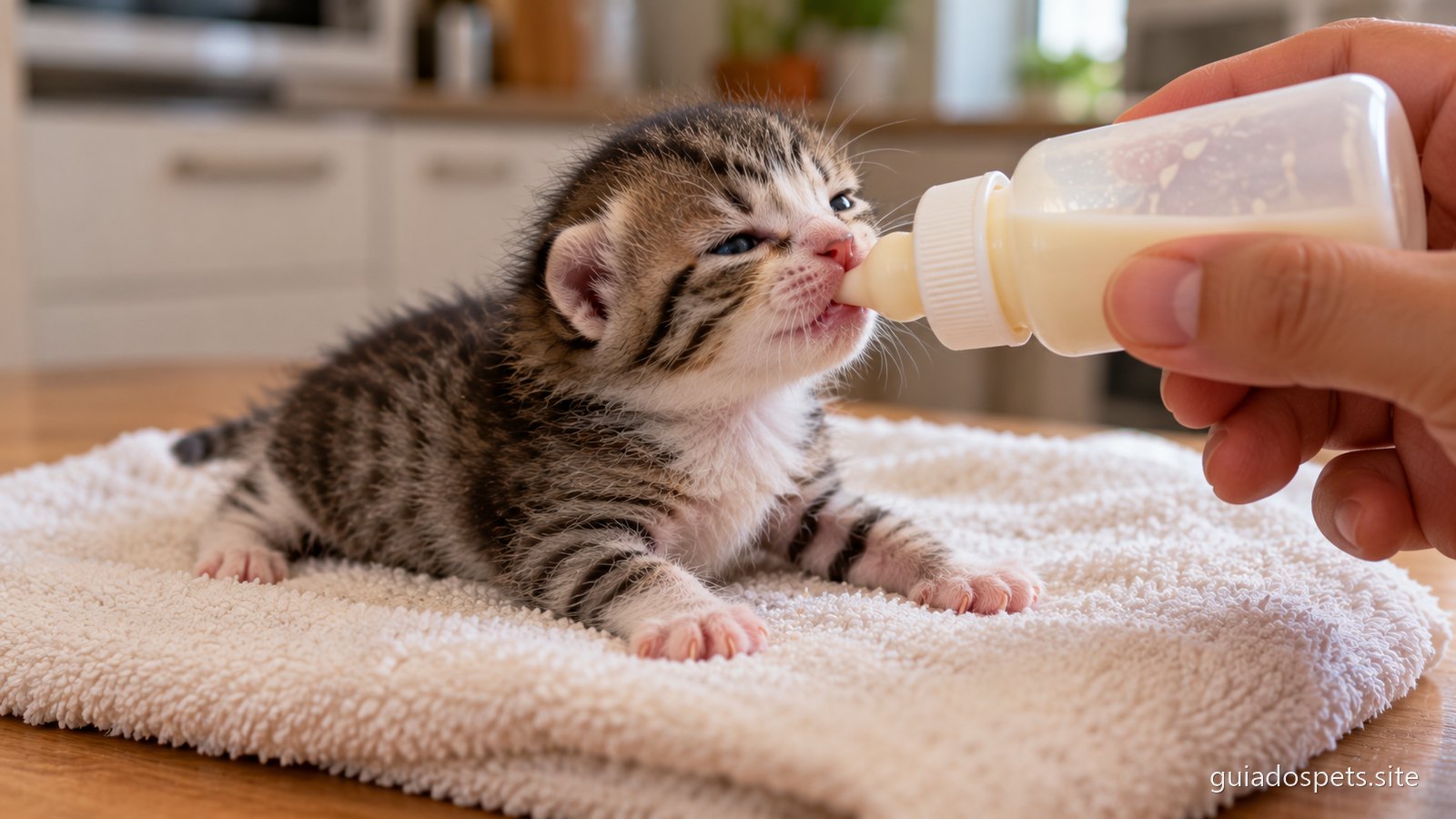 Gatinho de poucos dias a mamar numa mamadeira pequena segurada por uma mao, deitado de barriga para baixo sobre uma toalha branca com as quatro patas apoiadas