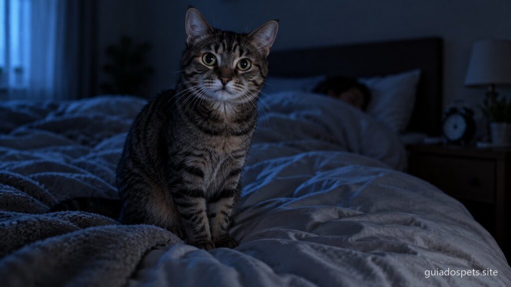 Gato malhado sentado em cima de uma cama num quarto escuro, de frente para a camara e com os olhos a brilhar, com uma pessoa a dormir desfocada ao fundo