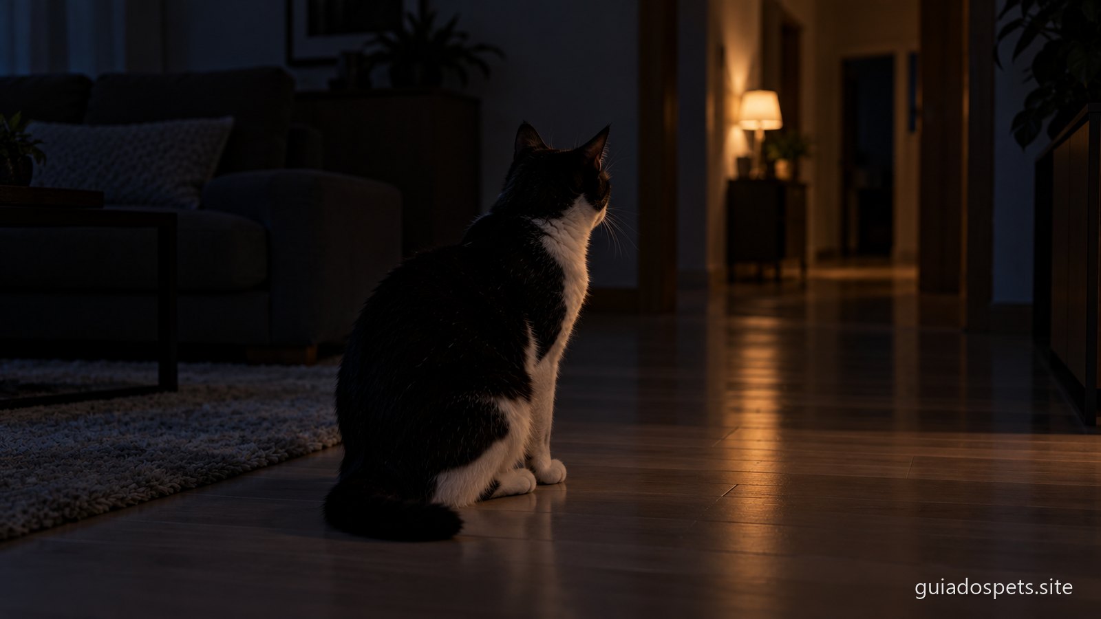 Gato preto e branco sentado sozinho no chao de uma sala as escuras, de perfil e de orelhas levantadas, a olhar para um corredor iluminado por um candeeiro ao fundo