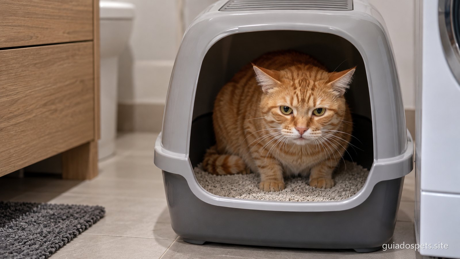 Gato laranja agachado dentro de uma caixa de areia fechada de plastico cinzento, a olhar para fora com ar tenso, numa banheiro