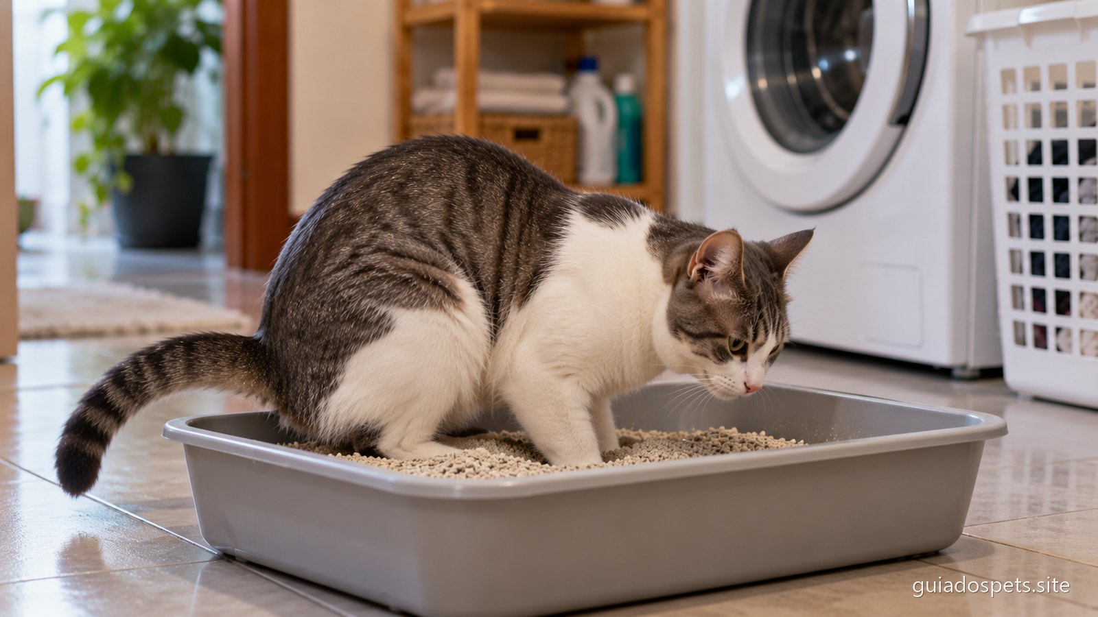 Gato branco e cinzento agachado dentro de uma caixa de areia aberta e baixa, de lado, com o corpo tenso e a cabeca baixa, numa lavanderia